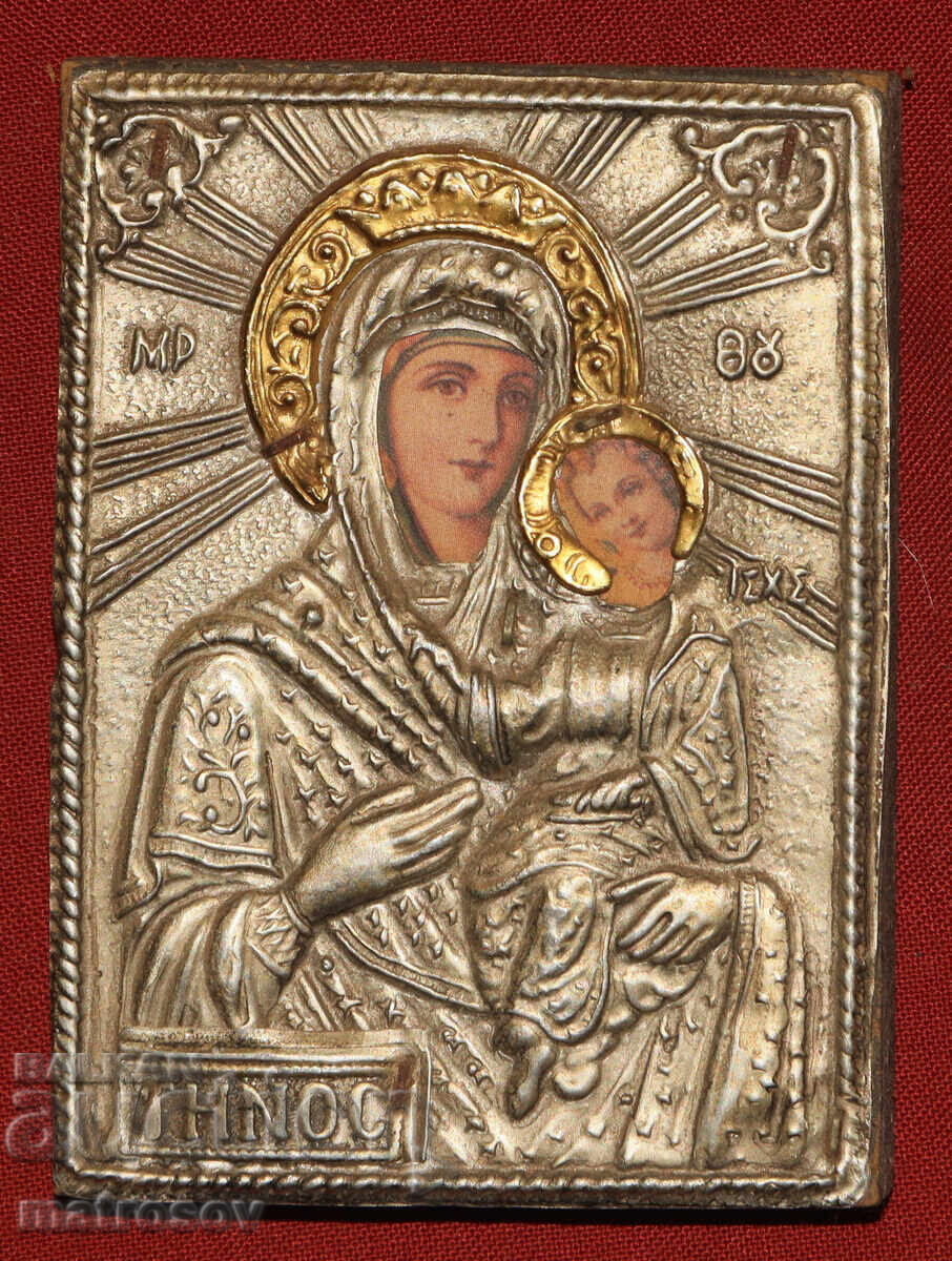 Icoană, ferecături metalice, litografie, Maica Domnului cu Pruncul