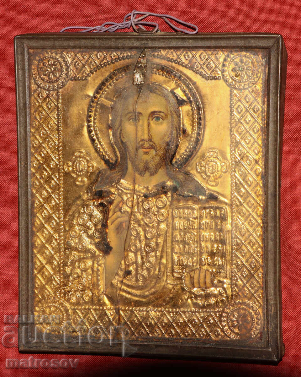 Icoană veche, montură metalică, Iisus Hristos Pantocrator cu preț 150.00 BGN | € 76.69