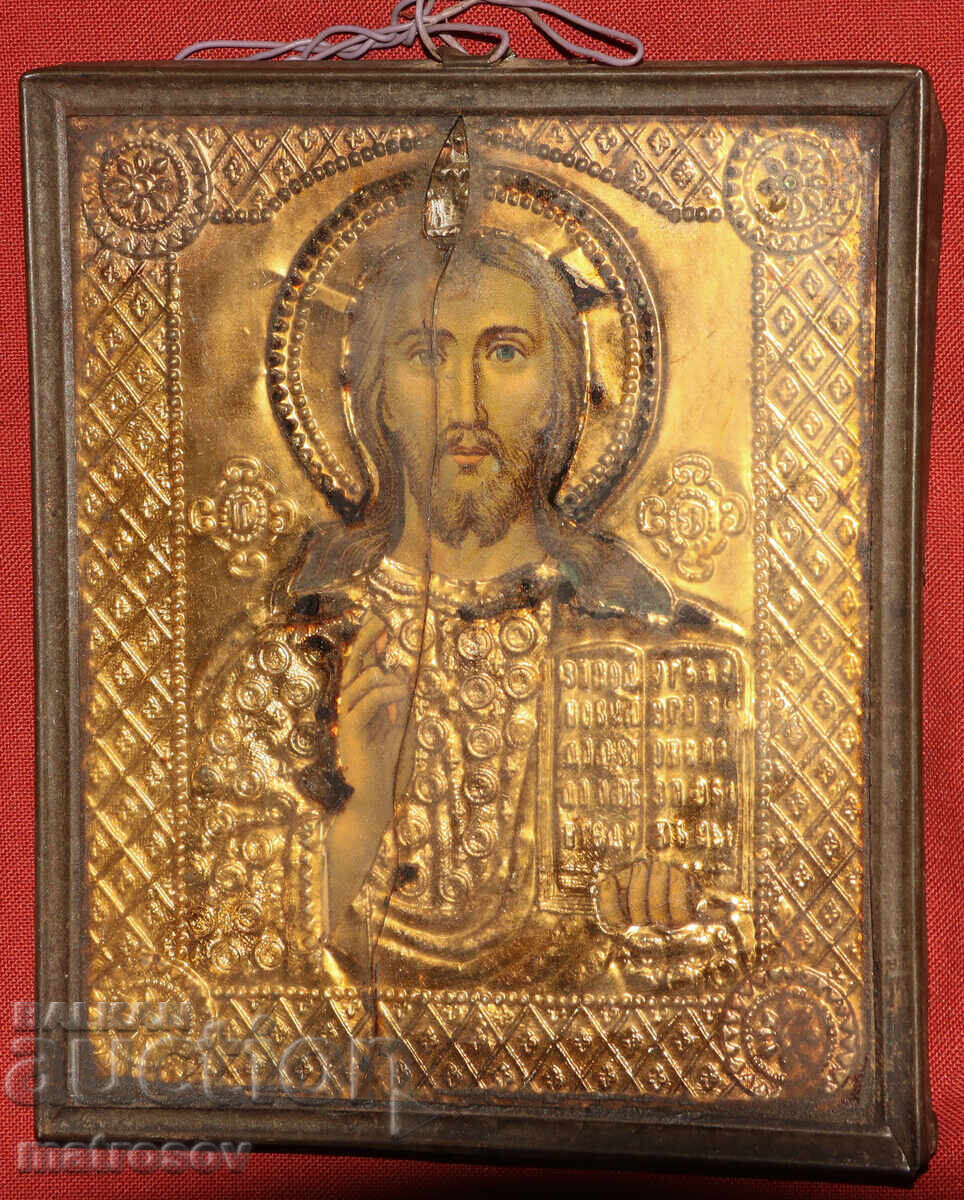Icoană veche, montură metalică, Iisus Hristos Pantocrator