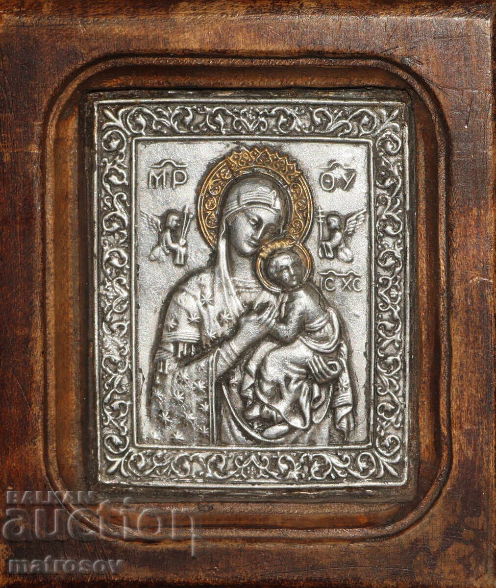 Licitație Icoană metalică lucrată manual, Maica Domnului cu Pruncul