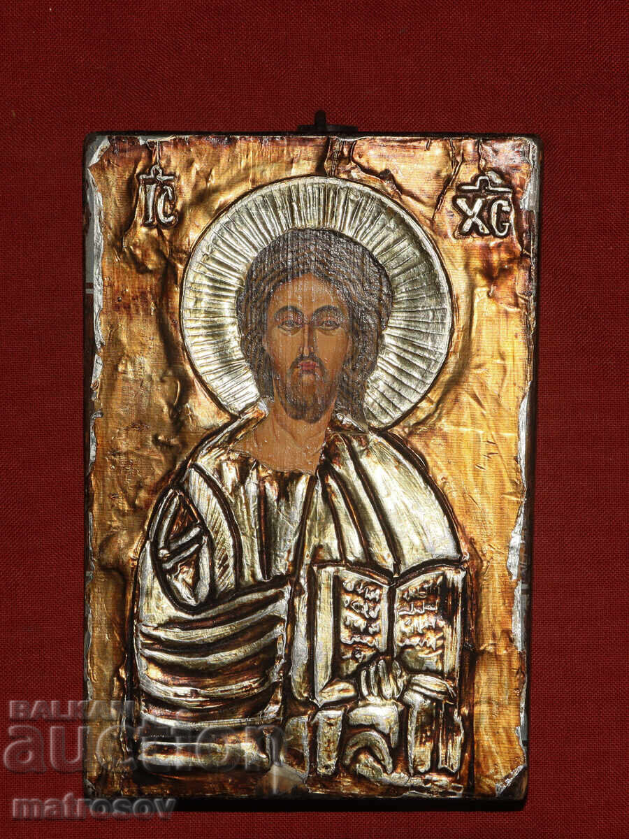 Ръчно рисувана икона с метален обков, Иисус Христос с цена 120.00 лв. | € 61.36 Ръчно рисувана икона с метален обков, Иисус Христос с цена 120.00 лв. | € 61.36