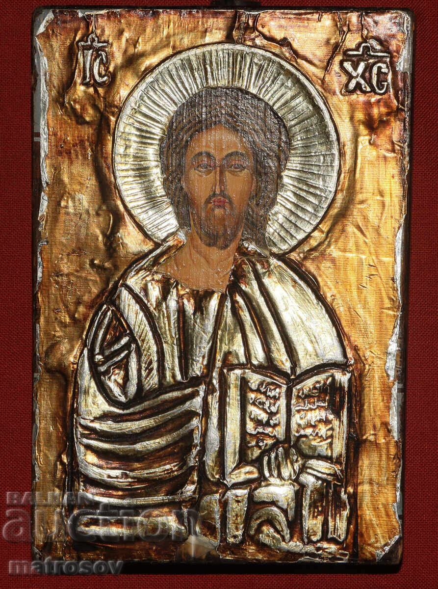 Ръчно рисувана икона с метален обков, Иисус Христос Ръчно рисувана икона с метален обков, Иисус Христос