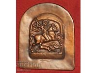 Plachetă de bronz, basorelief, călăreț, vânător