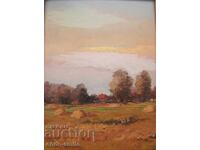 Pictură veche peisaj rural ulei pe carton nesemnat