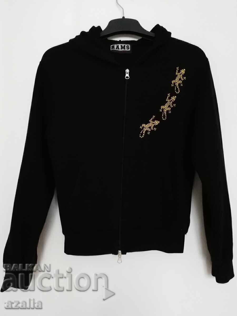 Black sweatshirt with hood and ornaments, cotton Black sweatshirt with hood and ornaments, cotton