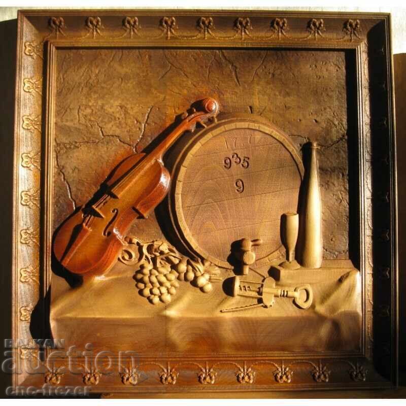 Ξυλόγλυπτο "Βιολί, σταφύλια, βαρέλι..."