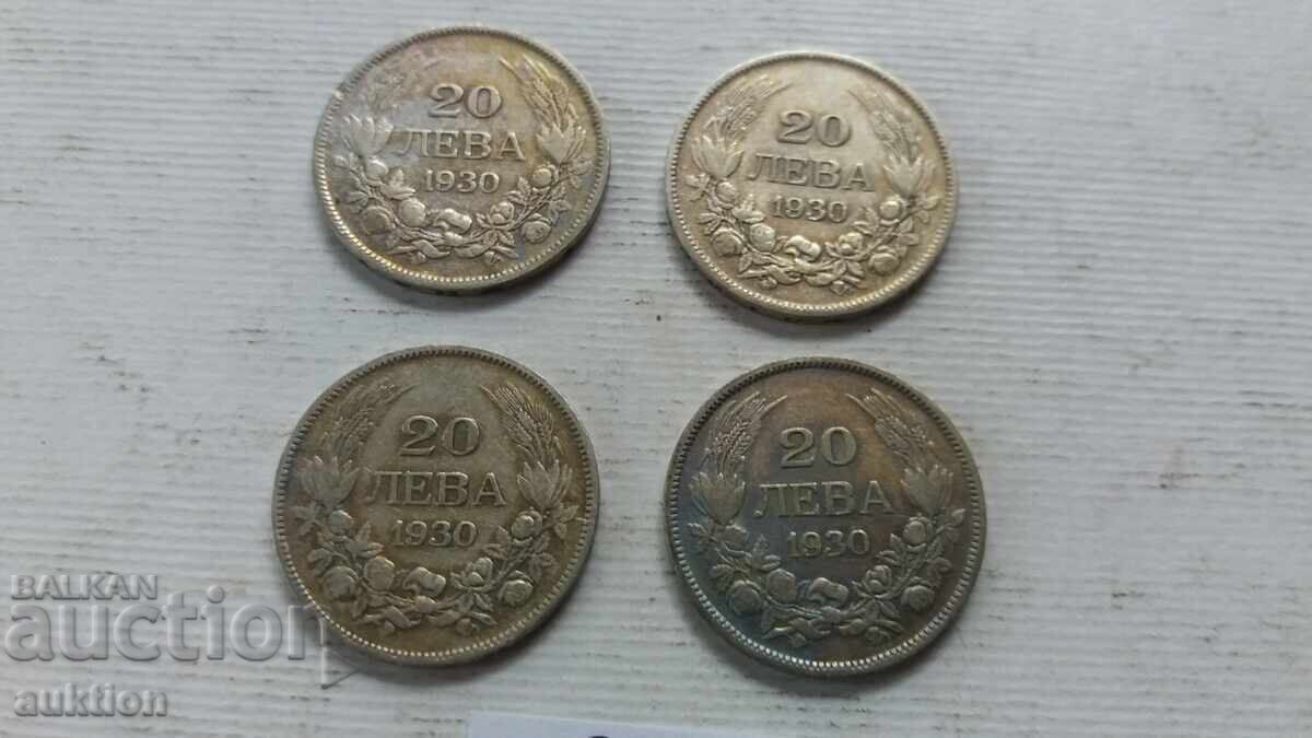 20 LEVA - 1930 YEAR - SILVER - BORIS - 3 - 4 PIECES 20 LEVA - 1930 YEAR - SILVER - BORIS - 3 - 4 PIECES