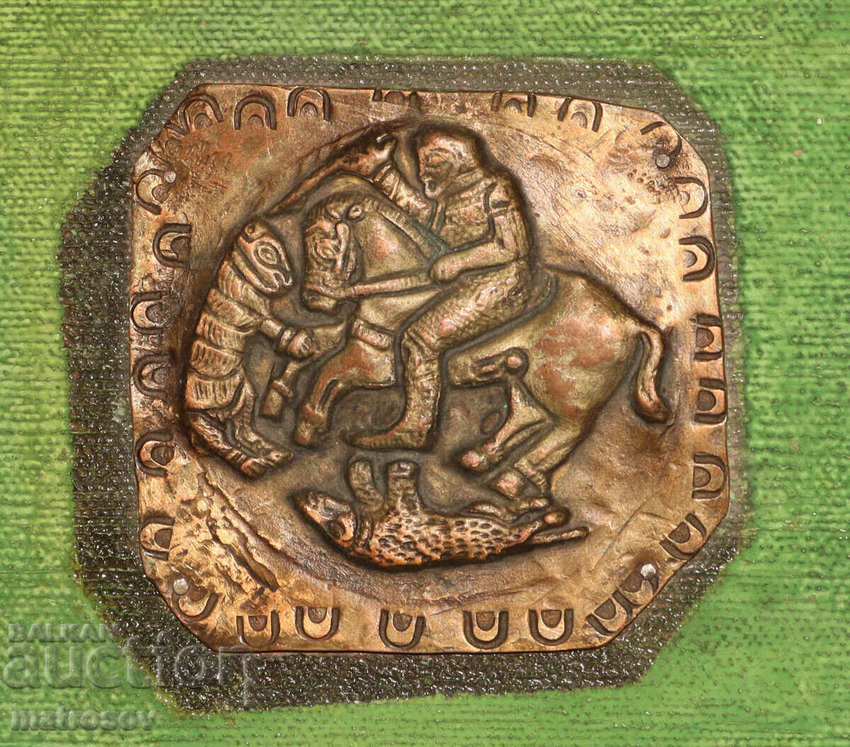 Sculptură din cupru basorelief, vânător călare