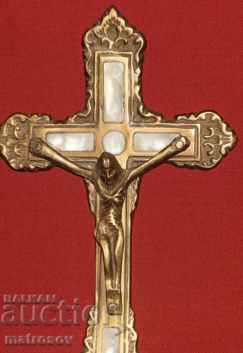 Old brass cross, mother-of-pearl inlays, crucifix - 5