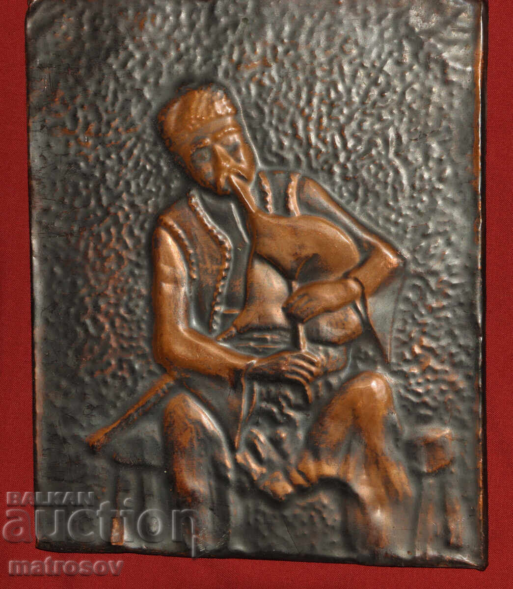 Licitație Vechi placă de cupru scenă pastorală Cântăreț la cimpoi