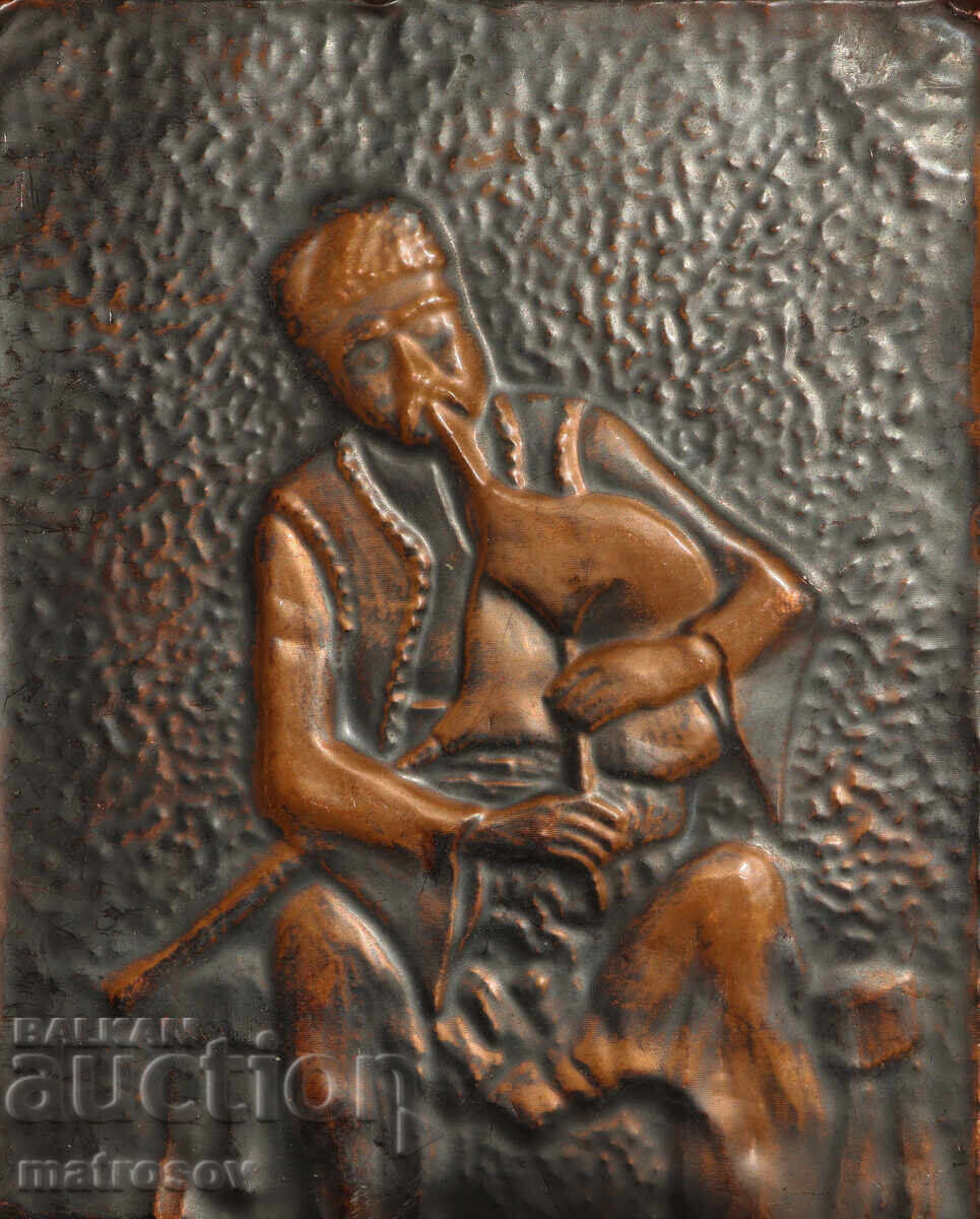 Vechi placă de cupru scenă pastorală Cântăreț la cimpoi