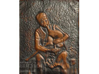 Vechi placă de cupru scenă pastorală Cântăreț la cimpoi