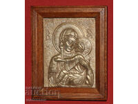 Icoană lucrată manual, basorelief, Maica Domnului cu Pruncul