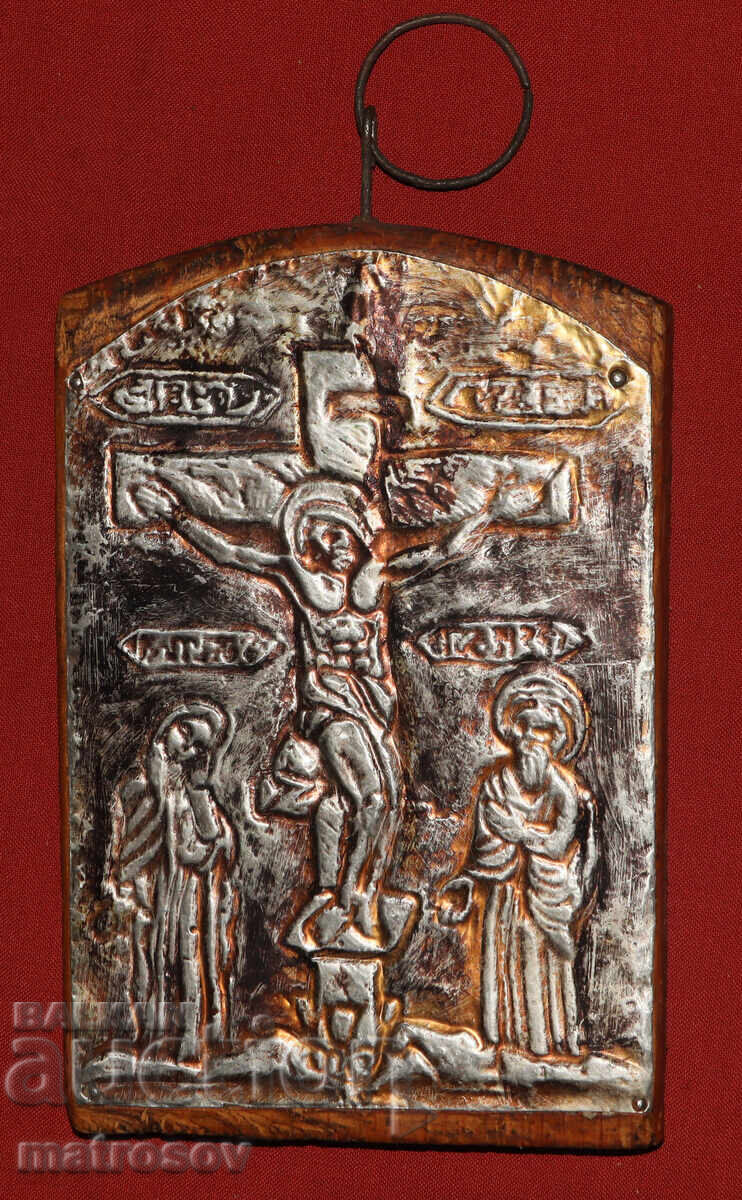 Icoană metalică lucrată manual, Iisus Hristos pe cruce