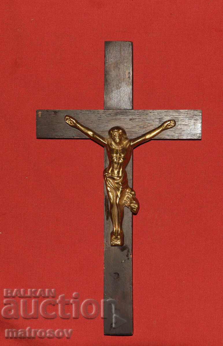 Auction  Wooden cross, crucifix with brass details