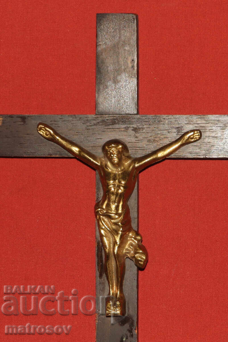 Wooden cross, crucifix with brass details