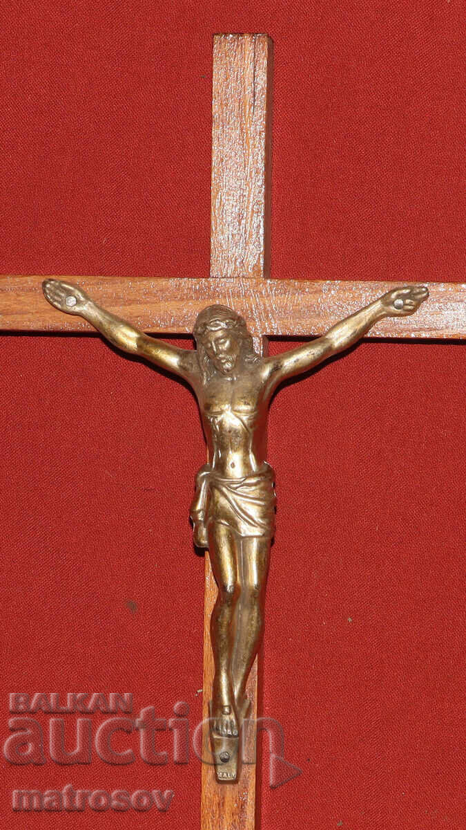 Auction  Wooden cross, crucifix with brass details