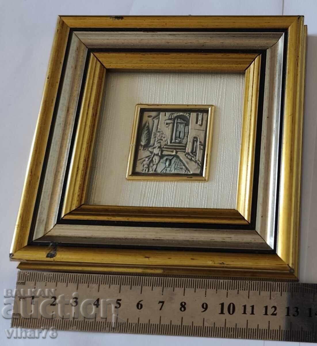 Auction  Small picture with a silver plaque