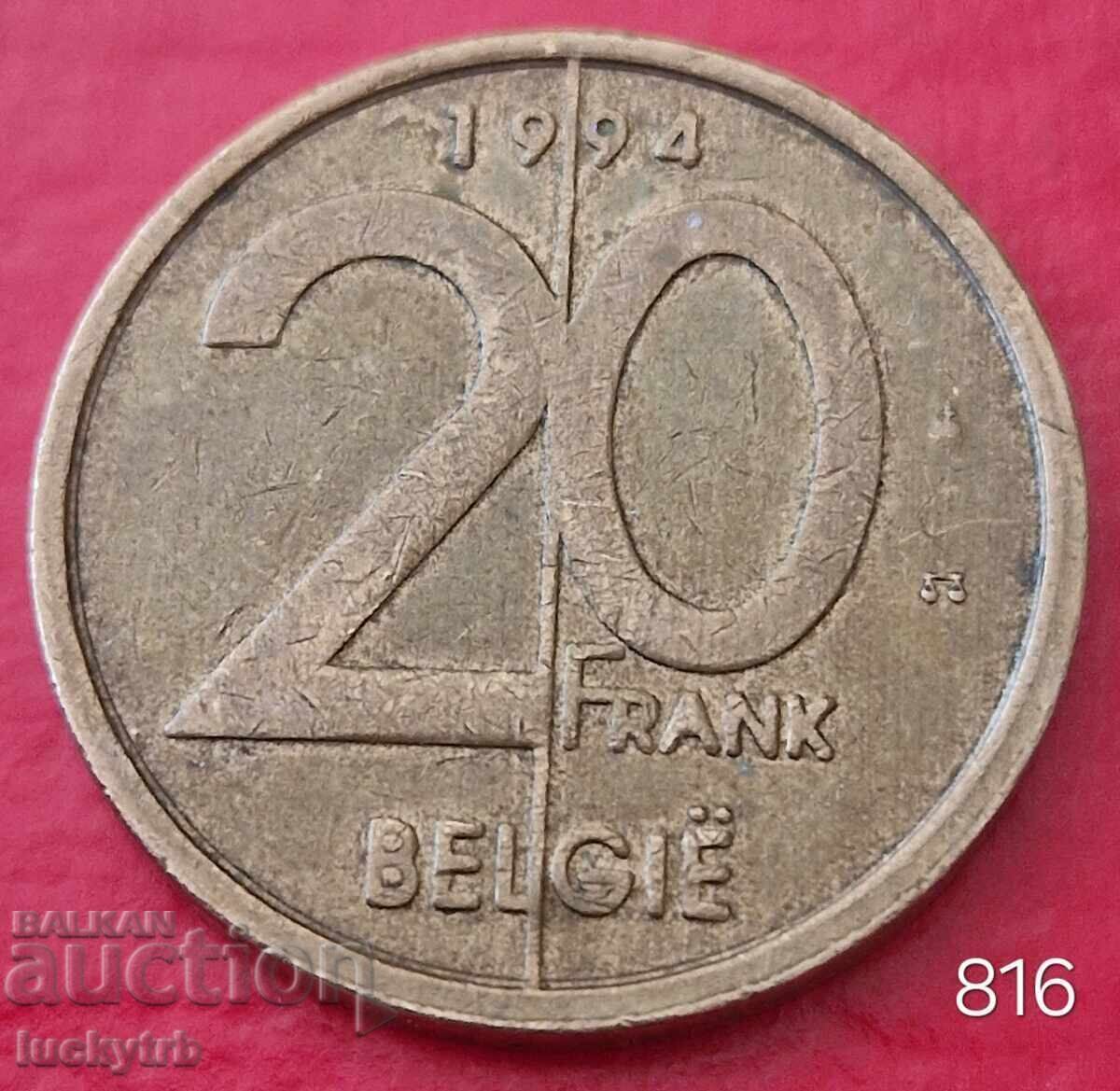 20 Francs 1994 - Belgium - Inscription in Dutch