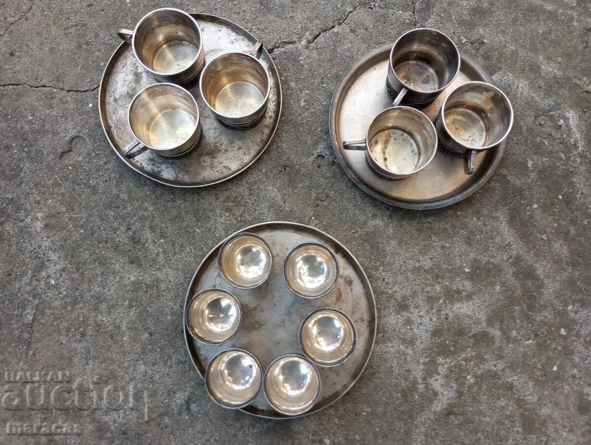 Silver-plated sets of trays and cups