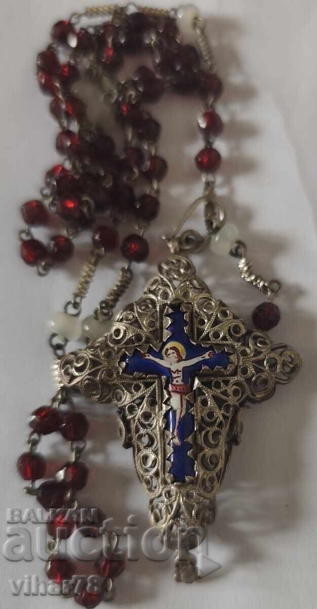 Old rosary with garnet stones and a double-sided cross - 6