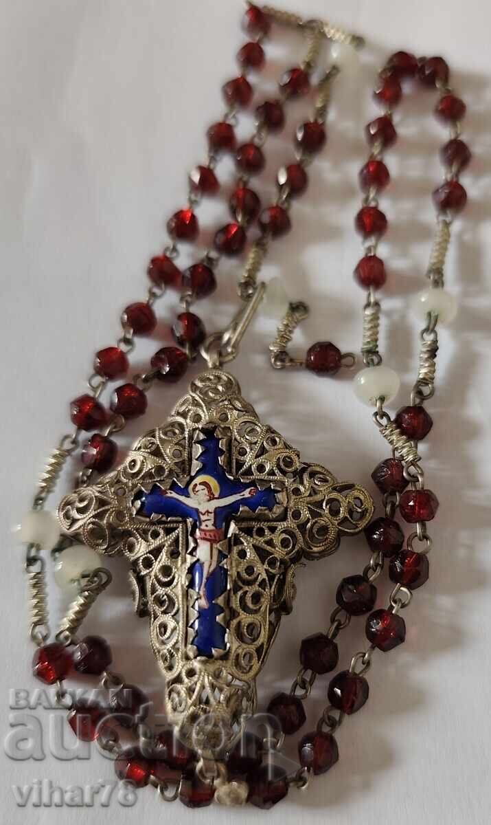 Old rosary with garnet stones and a double-sided cross - 7