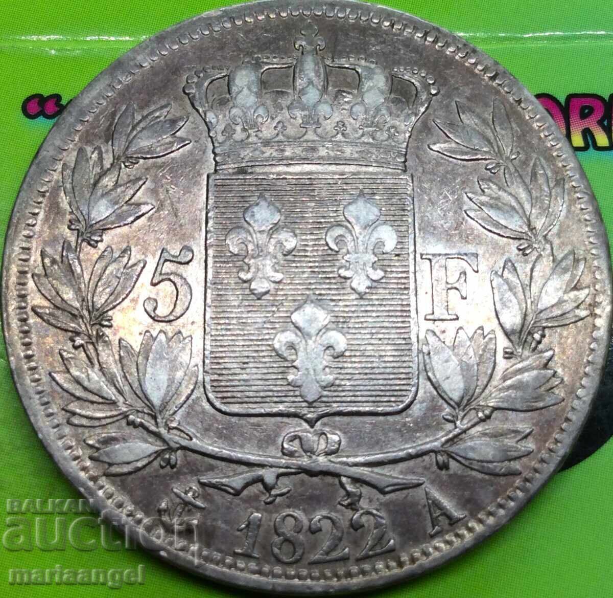 Γαλλία 5 Φράγκα 1822 Α - Βασιλιάς του Παρισιού Λουδοβίκος XVIII Αργυρός - 6