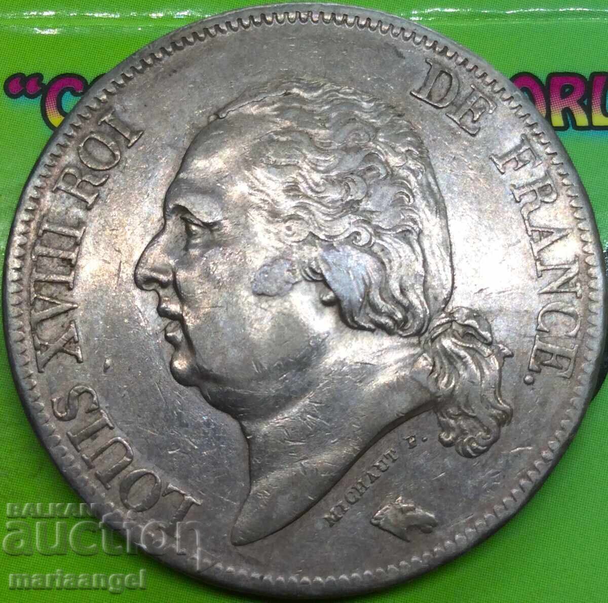 Γαλλία 5 Φράγκα 1822 Α - Βασιλιάς του Παρισιού Λουδοβίκος XVIII Αργυρός