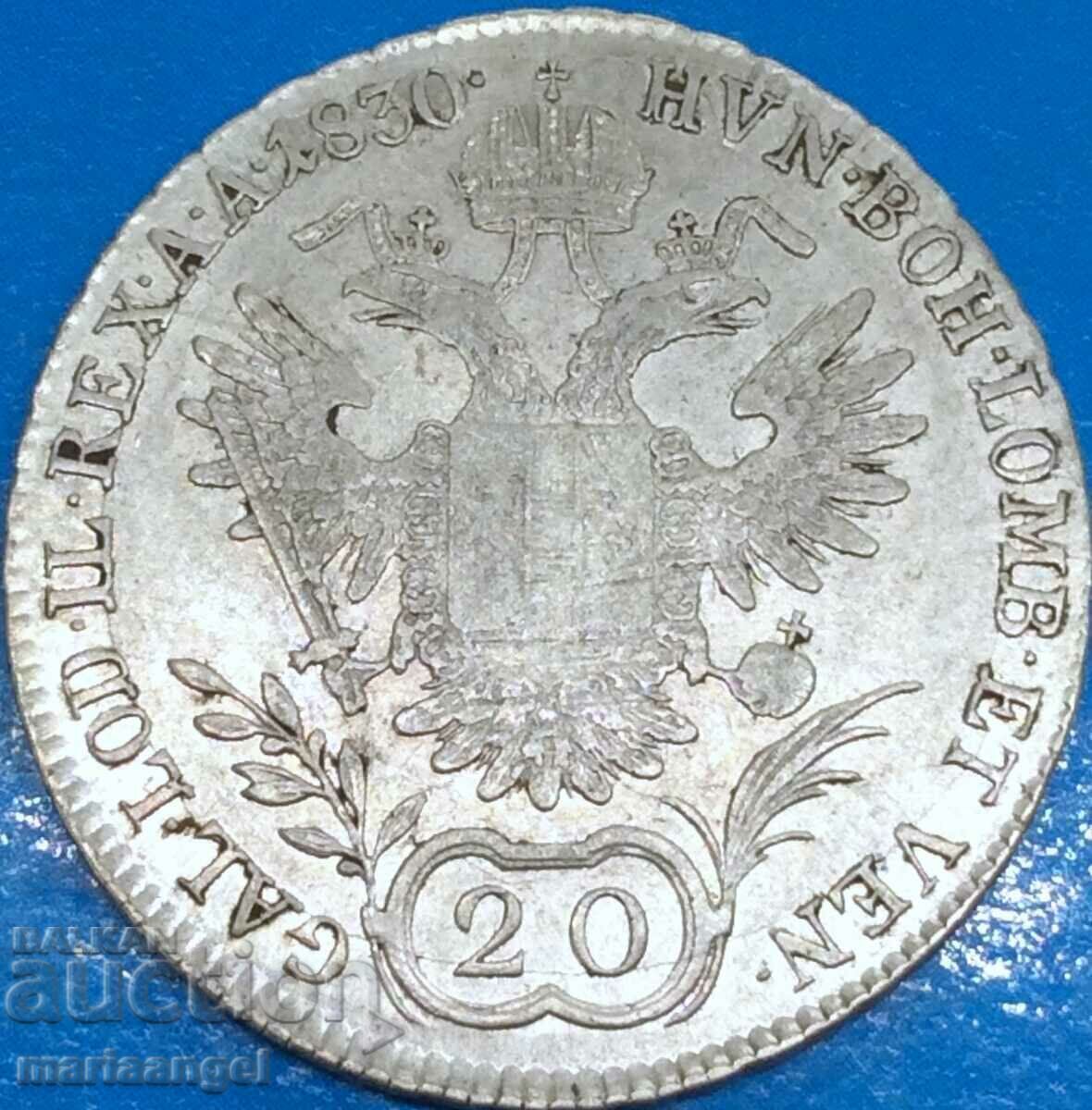 Livrarea 20 Kreuzer 1830 Austria B - Kremnitz argint - rar