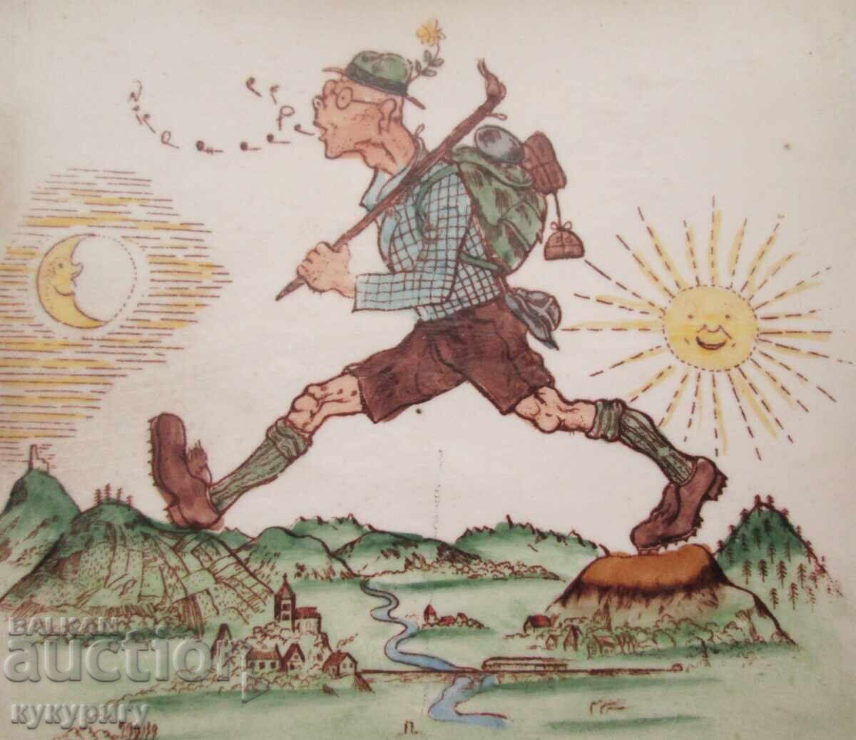 Παλαιά γερμανική πορσελάνινη πλακέτα τοίχου μπισκότο με τουρίστα - 5