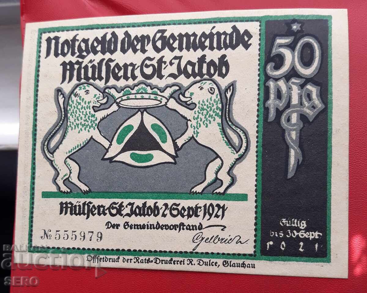 Banknote - Germany - Saxony - Mülsen St. Jacob - 50 Pfennig 1921 with price 2.00 BGN | € 1.02