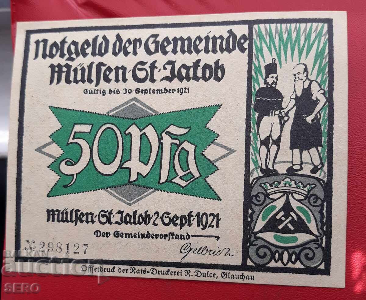 Τραπεζογραμμάτιο-Γερμανία-Σαξονία-Μύλσεν Σεντ Γιάκομπ-50 πφένιγκ 1921 με τιμή 2.00 BGN | € 1.02