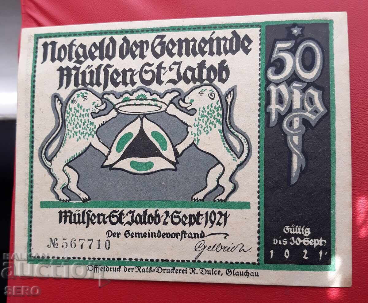 Банкнота-Германия-Саксония-Мюлсен Сент Якоб-50 пфенига 1921 с цена 2.00 лв. | € 1.02