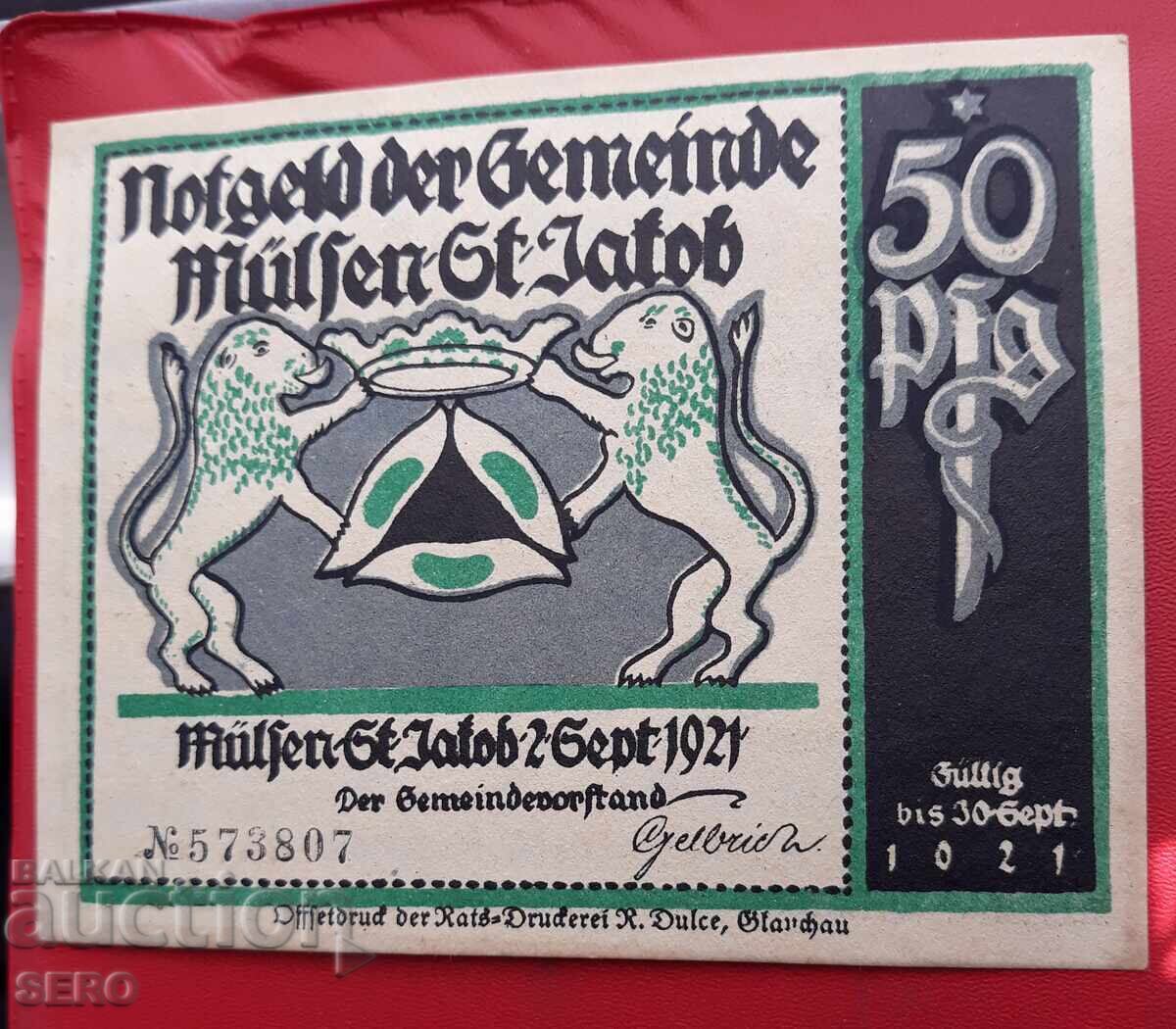 Banknote - Germany - Saxony - Mülsen St. Jacob - 50 Pfennig 1921 with price 2.00 BGN | € 1.02 Banknote - Germany - Saxony - Mülsen St. Jacob - 50 Pfennig 1921 with price 2.00 BGN | € 1.02