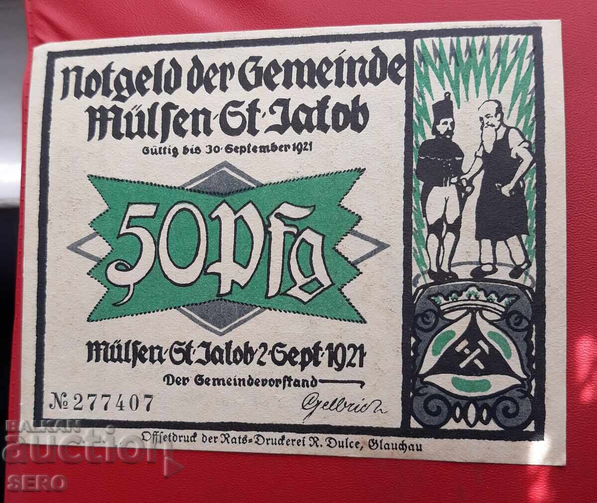 Banknote - Germany - Saxony - Mülsen St. Jacob - 50 Pfennig 1921 with price 2.00 BGN | € 1.02