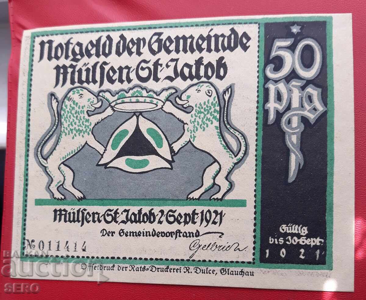 Banknote - Germany - Saxony - Mülsen St. Jacob - 50 Pfennig 1921 with price 2.00 BGN | € 1.02