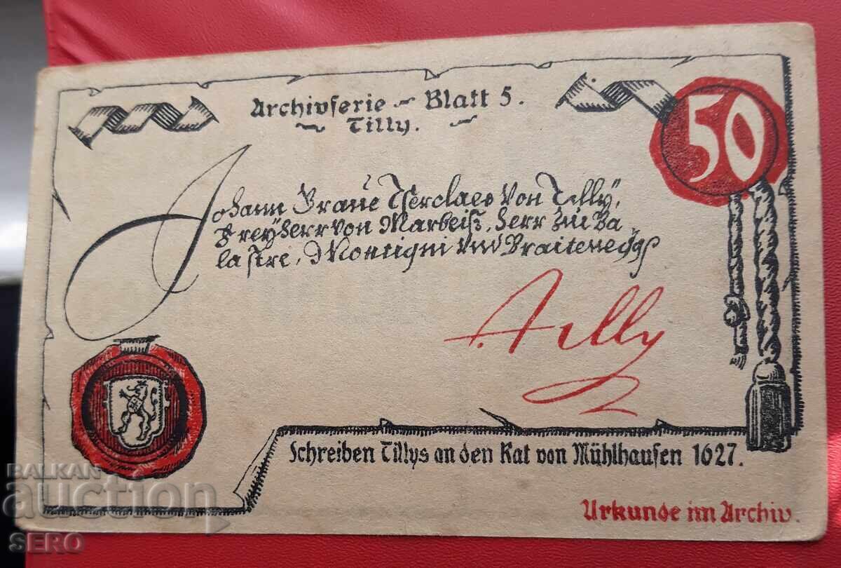 Banknote-Germany-Thuringia-Mühlhausen-50 pfennig 1921 with price 2.00 BGN | € 1.02
