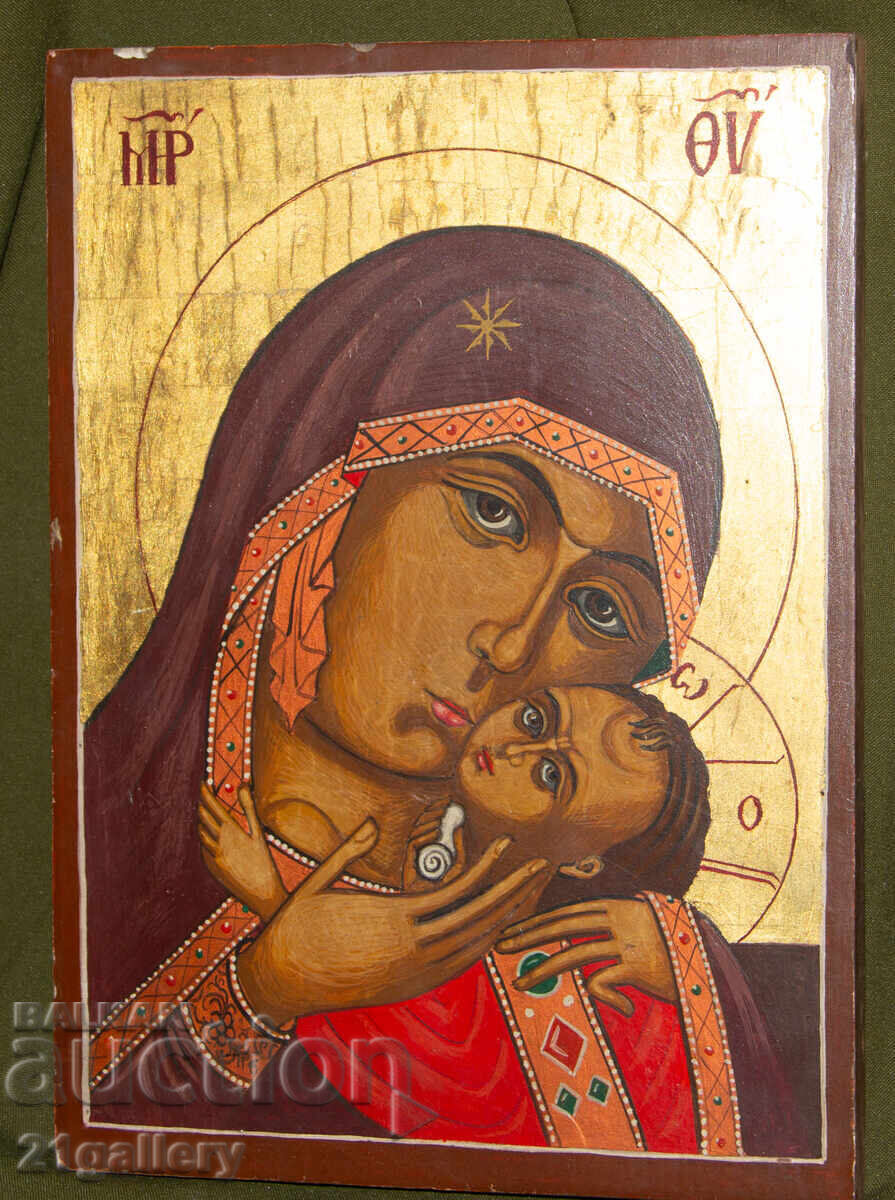 Hand-painted icon of the Holy Mother with the Child, tempera