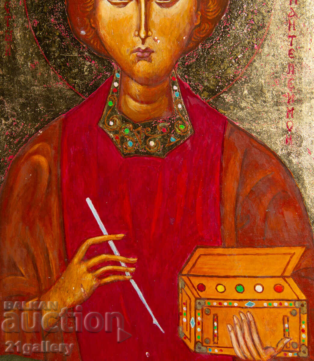 Hand-painted icon, tempera, Saint Panteleimon - 5