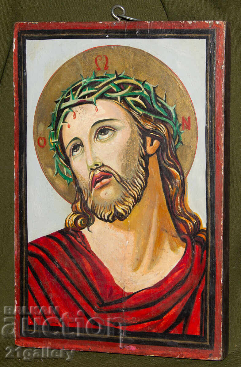 Hand-painted icon, tempera, Jesus Christ with a crown of thorns Hand-painted icon, tempera, Jesus Christ with a crown of thorns
