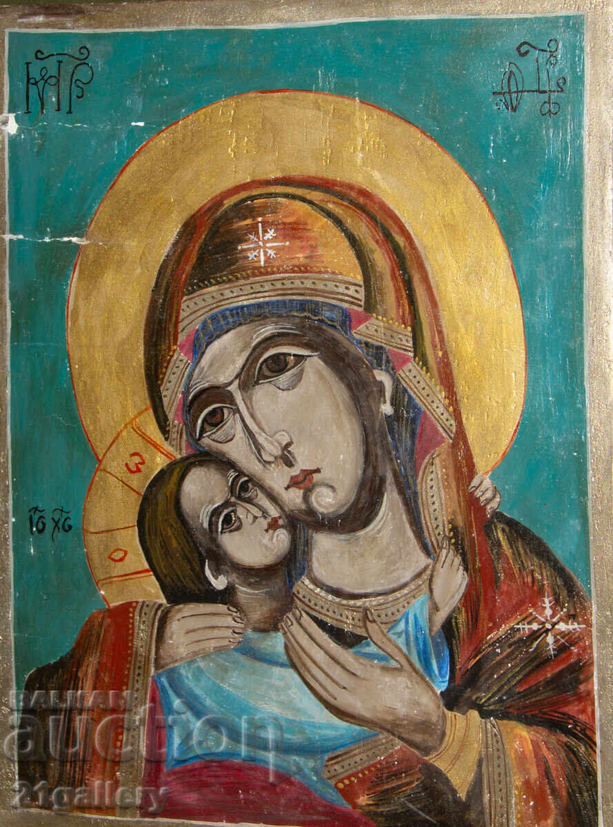 Hand-painted icon of the Holy Mother with the Child, tempera