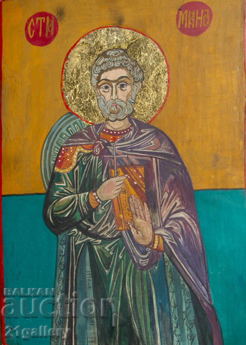 Auction  Hand-painted icon, tempera, Saint Mina