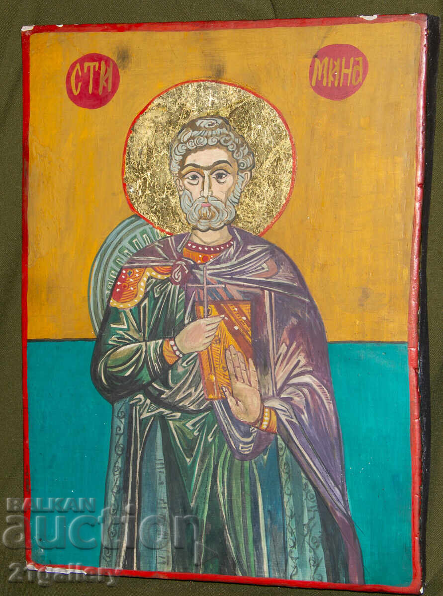 Hand-painted icon, tempera, Saint Mina