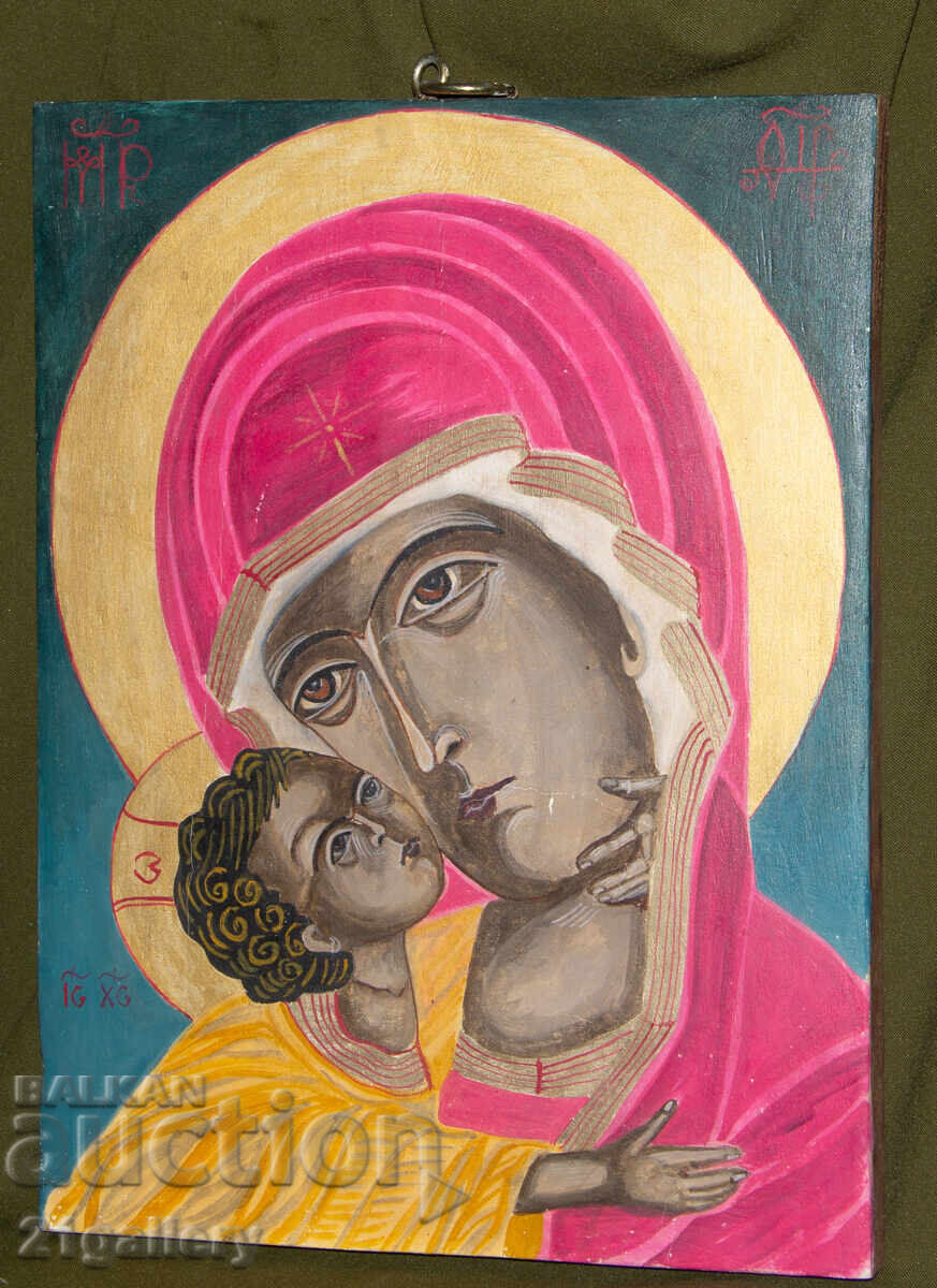 Auction Hand-painted icon of the Holy Mother with the Child, tempera Auction Hand-painted icon of the Holy Mother with the Child, tempera