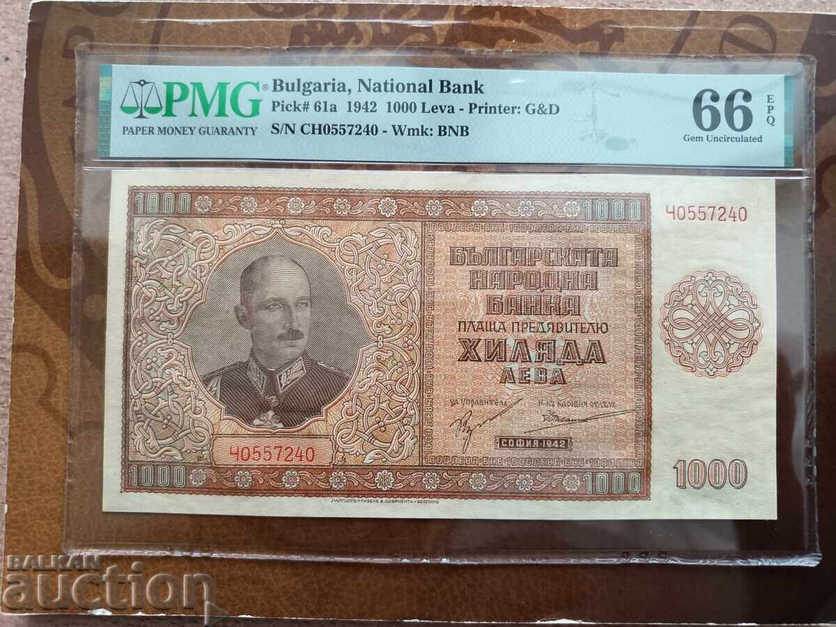 Bulgaria Banknote 1000 Leva from 1942 PMG UNC 66 EPQ with price € 440.00 | 860.57 BGN