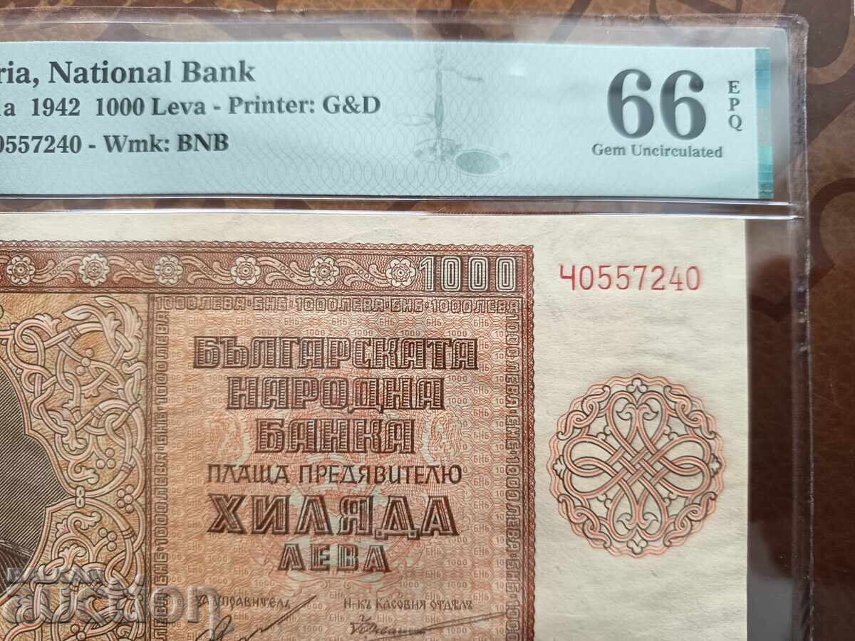 Bulgaria Banknote 1000 Leva from 1942 PMG UNC 66 EPQ