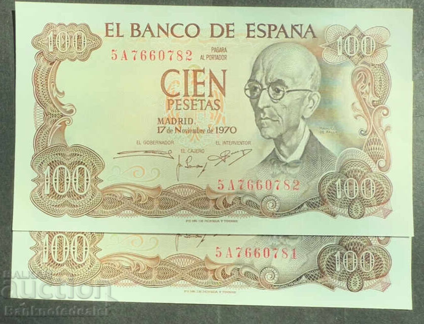 Spain 100 Pesetas 1970 Pick 152 Ref 0781 -0782 Uncirculated
