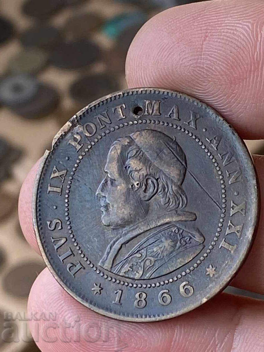 Ватикана 2 солди 1866 папа Пио IX медна монета
