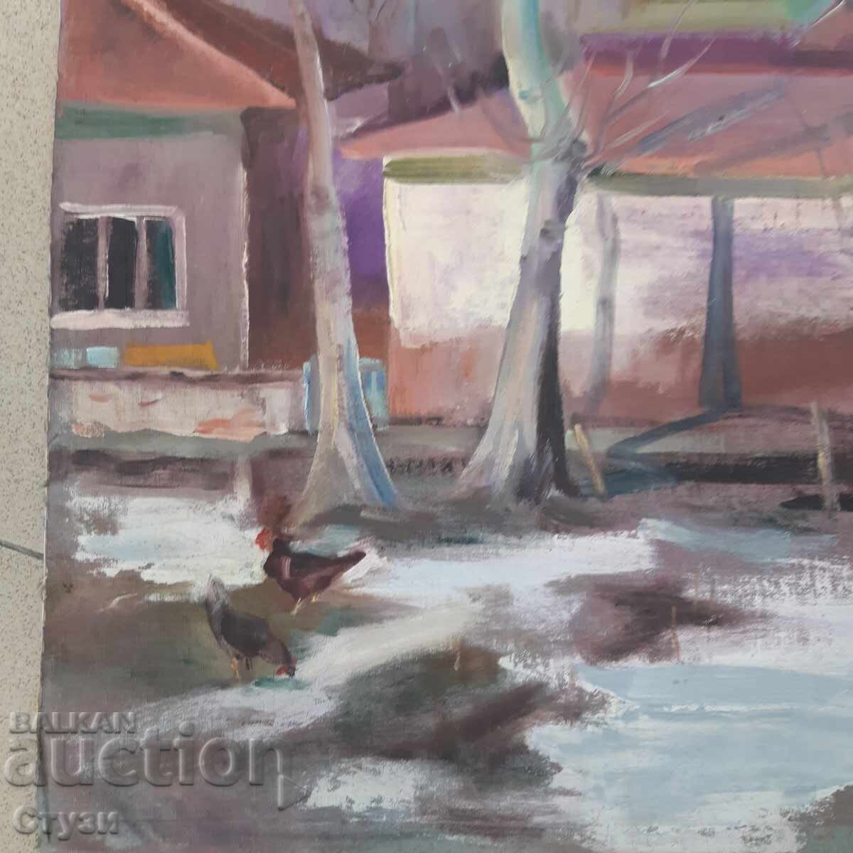 Licitație Tablou "Sat montan", ulei, 60 x 50 cm - Lichidare de stoc