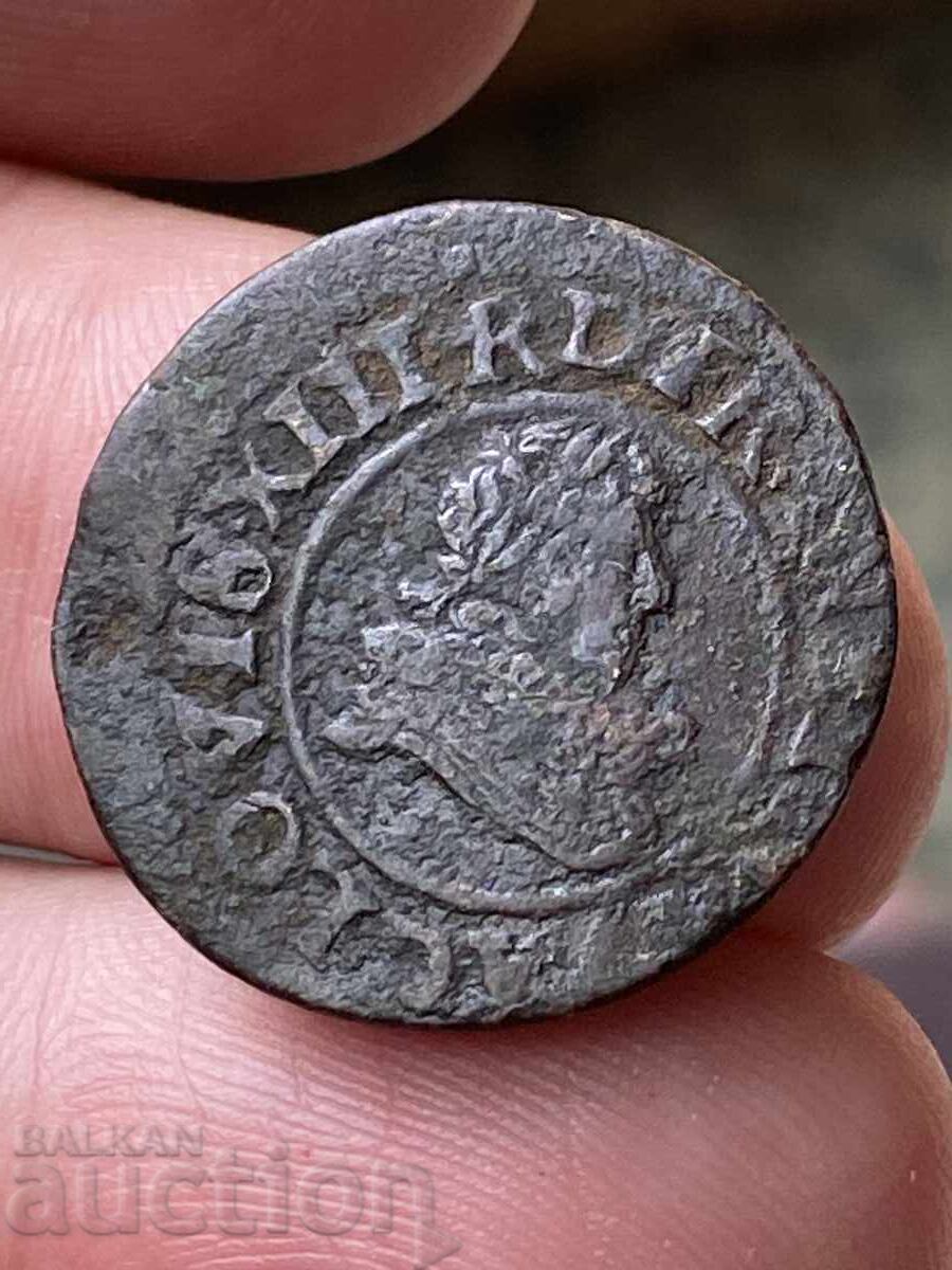 Γαλλία διπλό τουρνουά 1635 Λουδοβίκος XIII χάλκινο νόμισμα